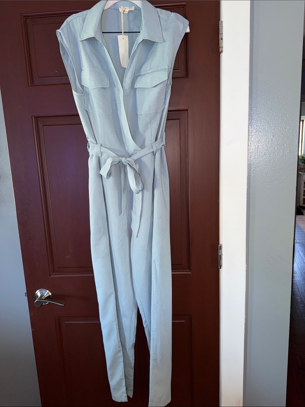 Mystree Sleeveless Light Blue Utility Jumpsuit with Self-Tie Waist